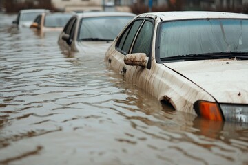 Abandoned cars submerged in floodwaters, showcasing the impact of severe weather events on urban infrastructure.