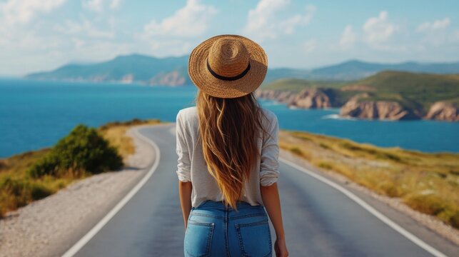 Serene Journey by the Coastline with a Hat