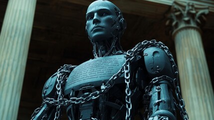 The Supreme Court looms as a humanoid robot, enwrapped in chains adorned with legal text, symbolizes the intersection of law and artificial intelligence