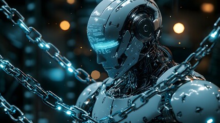 In a dystopian prison, a humanoid AI is shackled by glowing chains of digital legal documents, a judge's hologram looms large, delivering the final verdict