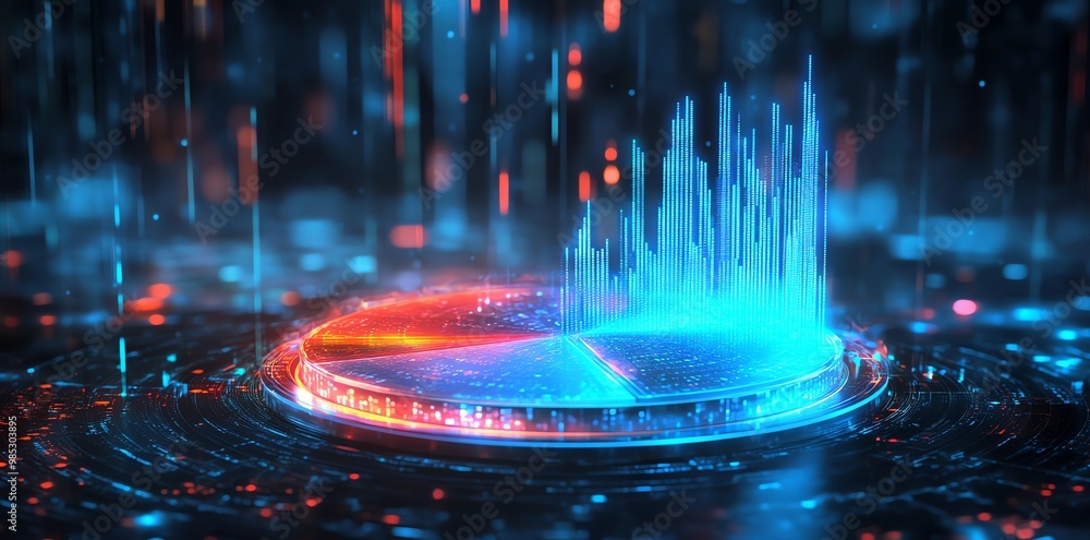 Poster Abstract digital data chart with blue and red glowing lines.