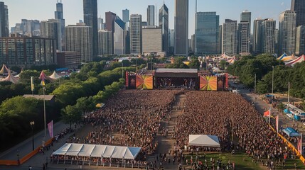 Aerial shot of Lollapalooza music festival in Chicago downtown area. Famous landmark, skyscrapers, road, lake Michigan shoreline. Crowds, concert, music festival, summer event, urban landscape,