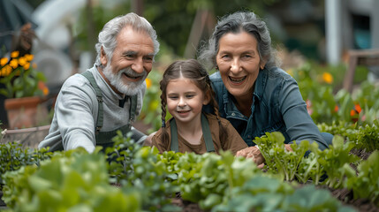 Grandparents and granddaughter gardening in the backyard
