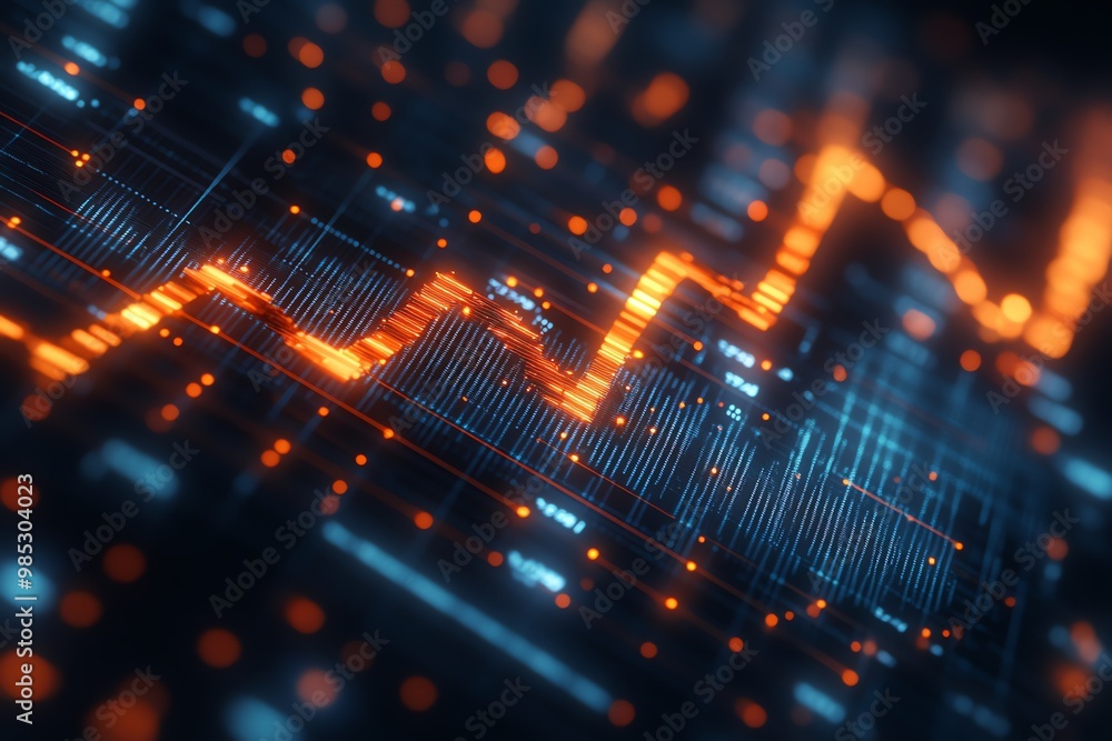 Poster Abstract digital futuristic interface with a glowing orange graph line.