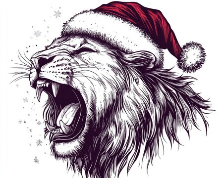 recommend clip art: Line art illustration depicting a hand drawn roaring lion adorned with a Santa hat