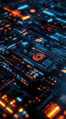 Obraz premium Abstract futuristic interface with orange and blue glowing lines.