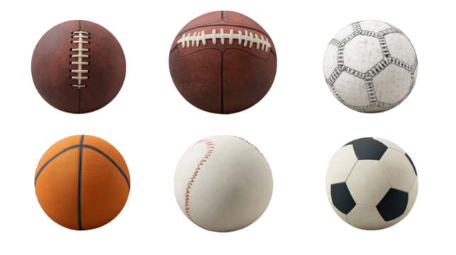 A collection of various sports balls, including a rugby ball, basketball, soccer ball, volleyball, baseball, and tennis ball, all isolated on a transparent background.






