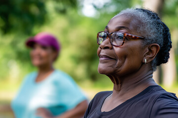 Elderly African Americans female exercising in the park, enjoying the daytime outdoors, promoting health and vitality