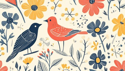 Hand drawn illustration featuring floral motifs birds dashed lines and tag patterns in a line art style