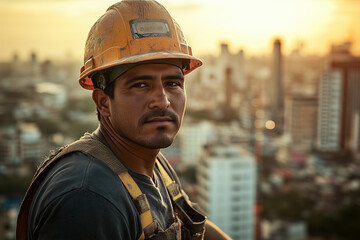 Fototapeta premium Hispanic male construction worker wearing a safety helmet and neon yellow vest on an industrial building site, prioritising safety and visibility