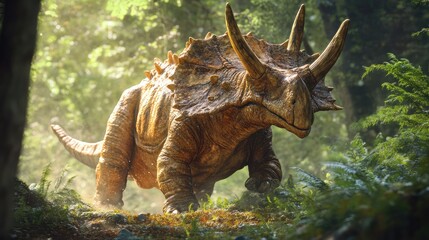 Obraz premium Tyrannosaurus rex dinosaur figurine in the grass, surrounded by other wildlife, representing a prehistoric creature from the Jurassic period