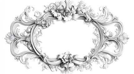 Line art illustration of a 3D swirling floral design featuring an ornamental oval frame with decorative curly scroll patterns and vintage elements