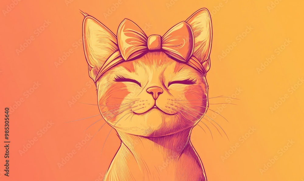 Poster line art illustration featuring a warm gradient drawing of a cartoon cat adorned with a bow on its h