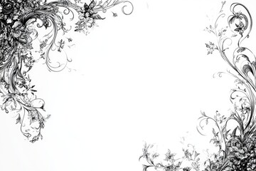 Line art illustration of a black frame featuring intricate intertwined swirls and floral designs against a white background