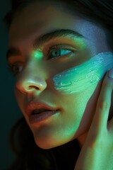 Fototapeta premium Beautiful white woman applies green cream on face in dark beauty studio, promoting sense of intimacy, focus. Smooth skin tone, gentle facial features create inviting atmosphere for viewer.
