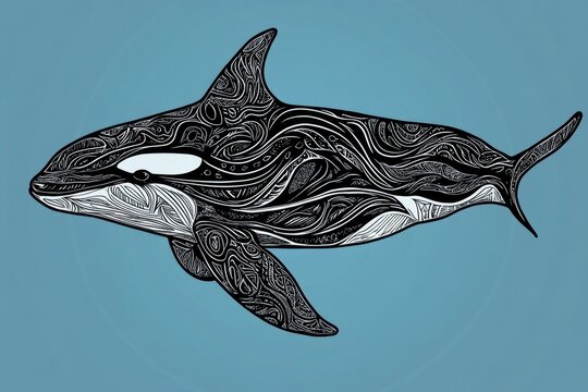 recommend clip art: Line art illustration of a hand drawn patterned killer whale against a blue backdrop Doodle of an orca