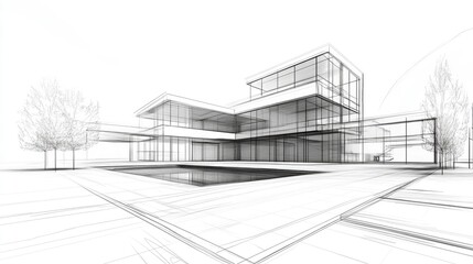 Line art illustration showcasing a 3D architectural rendering concept design