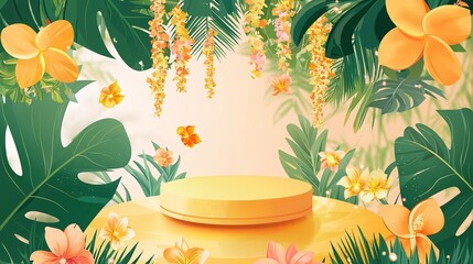 Tropical podium with yellow and orange flowers surrounded by lush green leaves, perfect for summer or nature-themed presentations.
