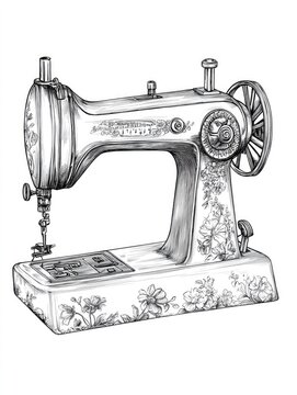recommend clip art: Line art illustration of a vintage sewing machine in a detailed line drawing style