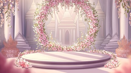 Beautiful floral wedding arch in a bright, elegant venue, perfect for ceremonies and photo backdrops, adorned with pink flowers and soft light.