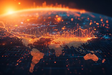 Abstract glowing digital world map with data flow lines and dots.