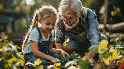 A small girl works in her grandfather's backyard garden with her senior grandfather.