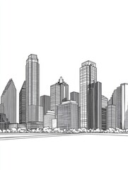 Line art illustration of a city skyline in a continuous single line style