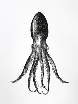 recommend clip art: Line art illustration of a squid print created with black ink using the gyotaku technique set against a white paper background
