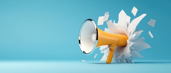 A large orange microphone is on a blue background with paper flying out of it