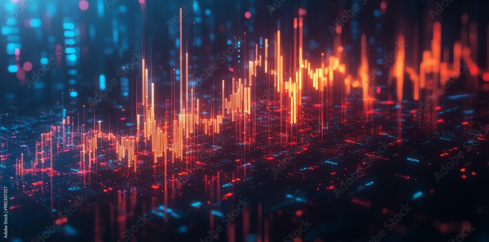 Poster abstract glowing lines and grid create a futuristic, digital cityscape.