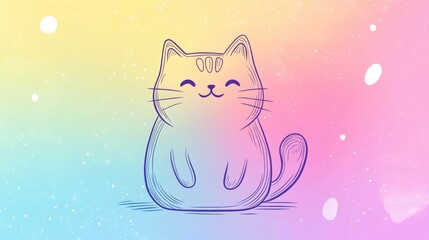 Line art illustration of a gradient cold colored drawing depicting a cheerful cartoon cat