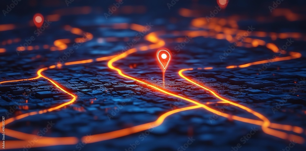 Poster Abstract glowing map with a pin marker pointing towards a location on the road.