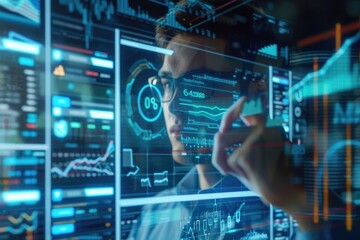 A futuristic holographic financial advisor provides AI-driven insights on a digital display, highlighting advanced personal finance management tools