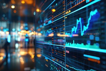 AI-driven stock market analysis on a sleek digital screen, showcasing advanced financial tools and dynamic data visualization