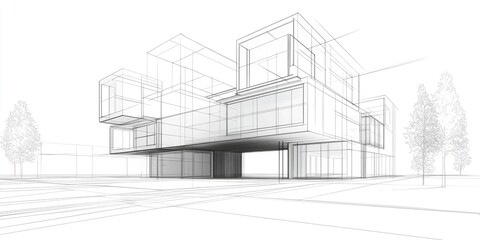 Abstract geometric modular architecture concept in a 3D line art illustration