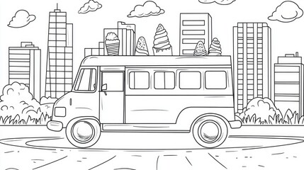 Line art illustration featuring a coloring page designed for children showcasing an ice cream van with bold outlines