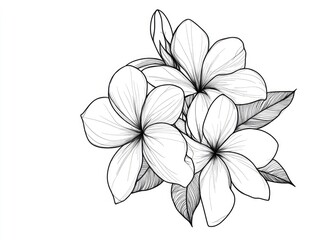 Bold black outline drawing of a tropical plumeria flower set against a white backdrop featuring a continuous line art style