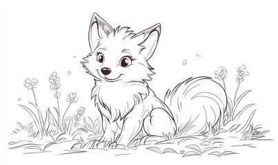 Line art illustration of a coloring book page featuring a whimsical cartoon fox