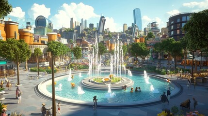 Fototapeta premium 3D cartoon cityscape featuring a large central plaza with fountains, parks, and animated characters enjoying a sunny day in the modern city