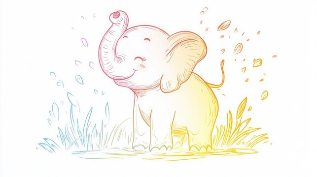 recommend clip art: Line art illustration featuring a warm gradient drawing of an adorable cartoon elephant playfully spouting water