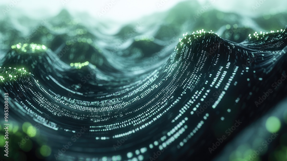 Poster a 3d illustration of code flowing through a digital landscape, representing the abstract nature of s