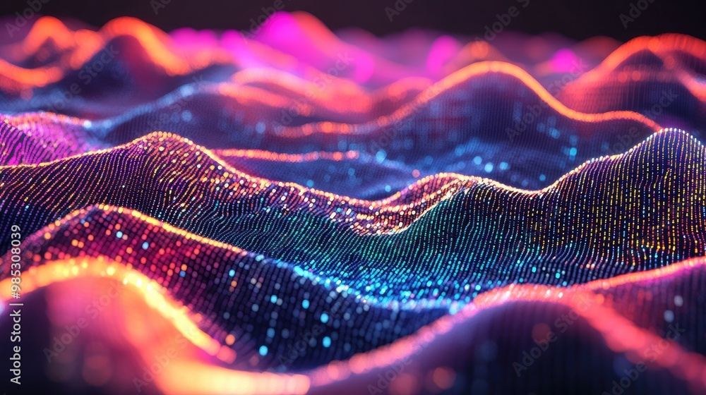Poster a 3d illustration of code flowing through a digital landscape, representing the abstract nature of s