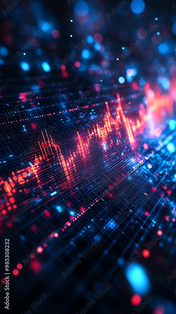 Poster Abstract glowing red and blue lines on a dark grid with bokeh.