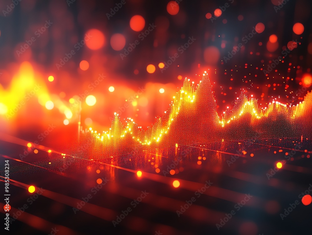 Aufkleber Abstract glowing red and yellow lines and dots forming a wave like pattern against a dark background.