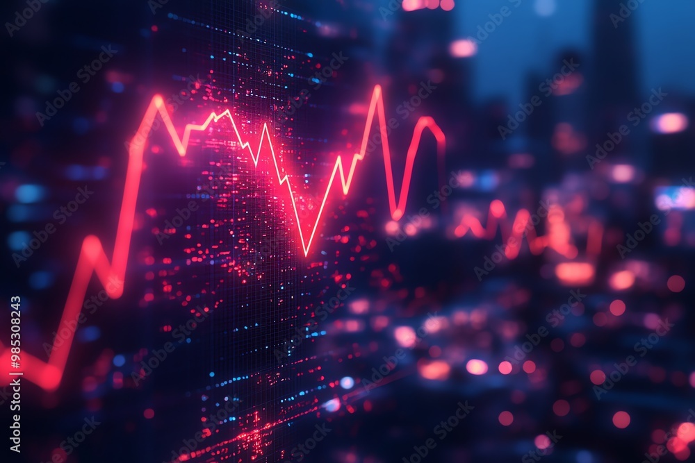 Poster Abstract glowing red line graph on a dark blue background with bokeh.