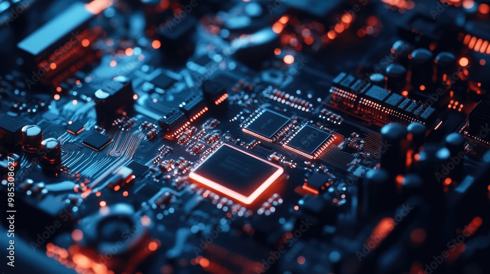 Poster a close-up of a computer motherboard with visible network components, highlighting the intricate des
