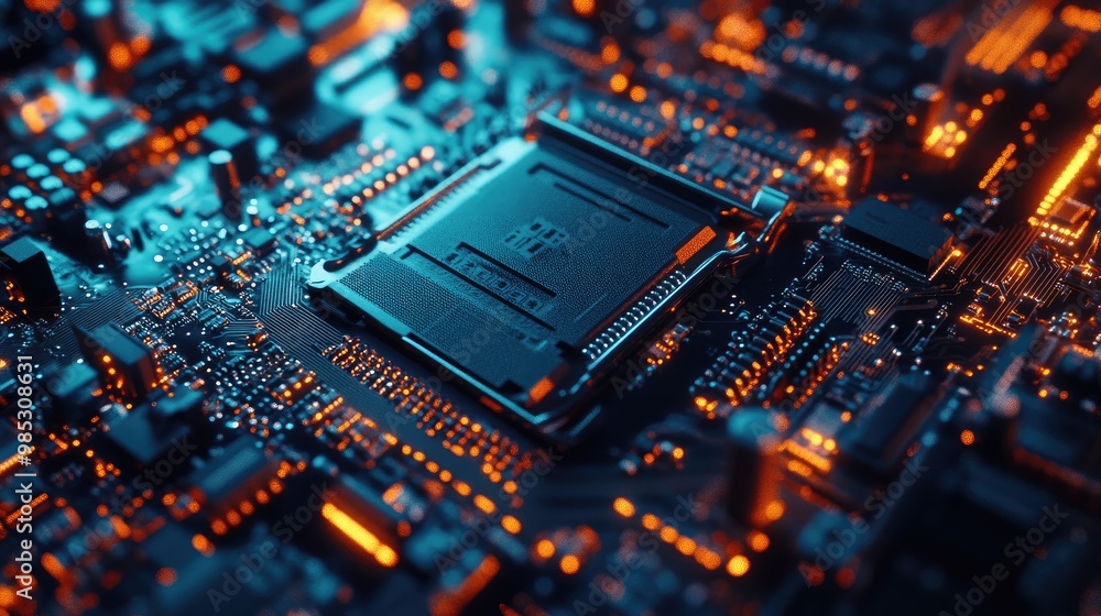 Poster a close-up of a computer motherboard with visible network components, highlighting the intricate des