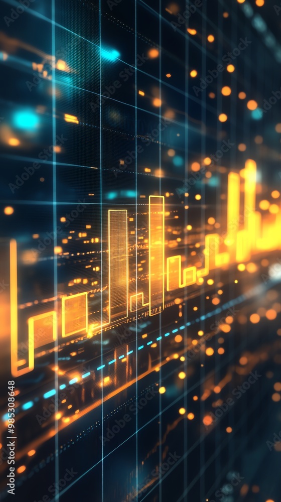 Aufkleber abstract illuminated digital grid with an orange glow bar graph.