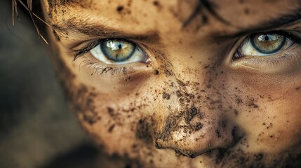 A close-up of a child face smeared with dirt, their eyes peering out with a mix of innocence and hardship.