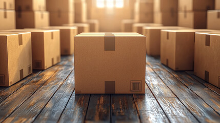 Stacked cardboard boxes in a warehouse.